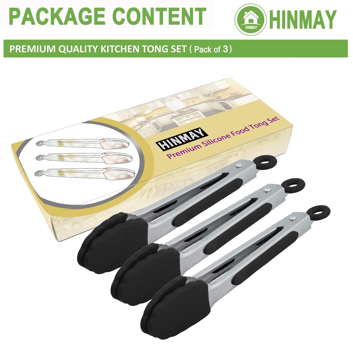 Hinmay Small Serving Tongs With Silicone Tips 7 Inch Mini Stainless Steel Food Tongs, Set Of 3 (Black)